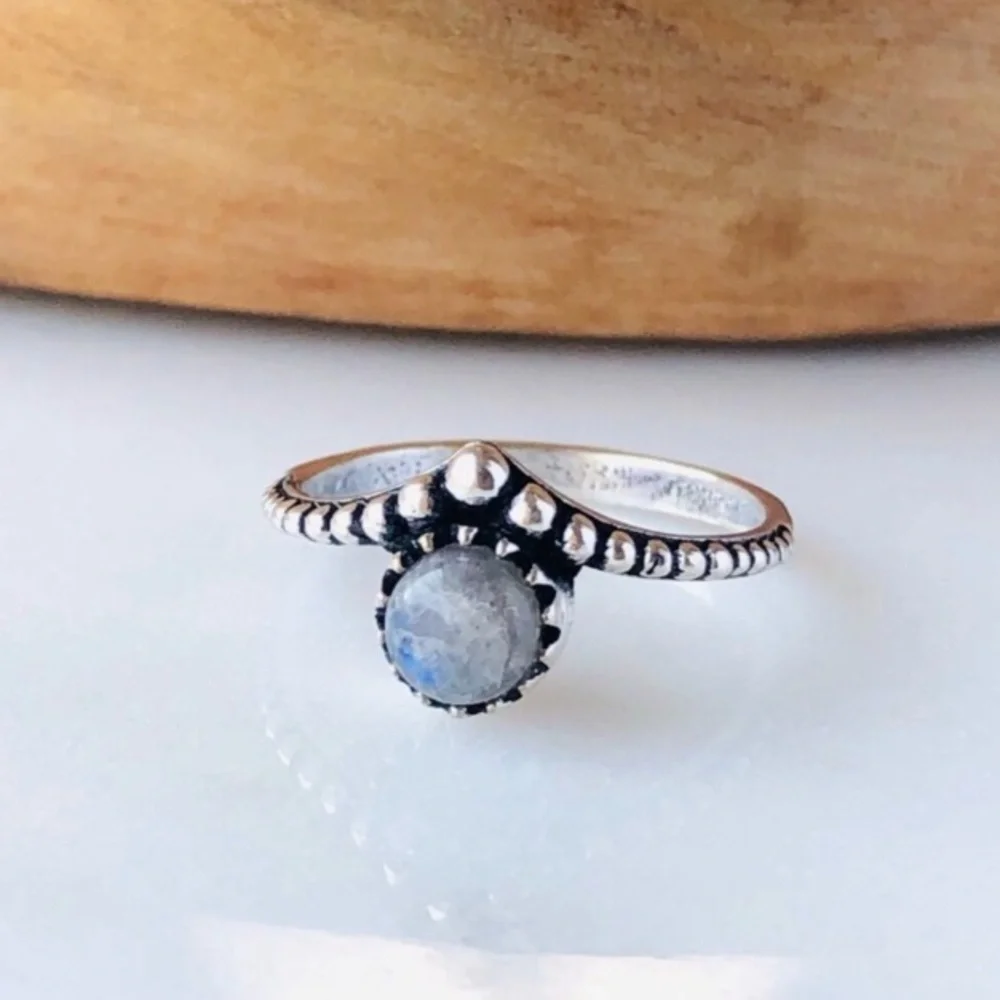 Silver Plated Dainty Blue Labradorite Boho Ring